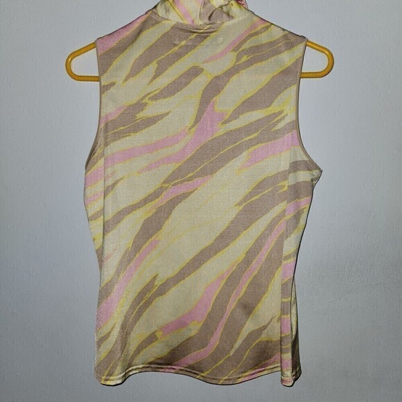 Jamie Sadock Sz M Sleeveless Golf Top Yellow Tan Pink Asymmetrical Collar - Picture 3 of 3